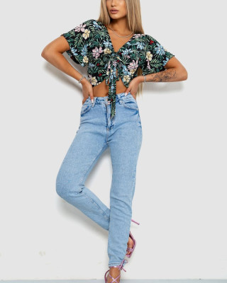 Блуза-топ с цветочным принтом 244R292_Черно-зеленый